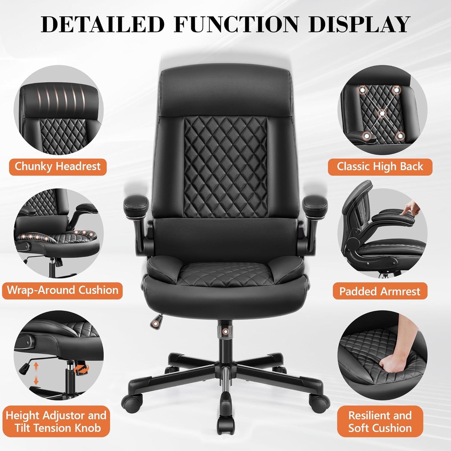 Executive Office Chair, High Back PU Leather Desk Chair with Adjustable Flip-Up Armrests, Big and Tall Ergonomic Computer Task Chairs with Rocking Fun
