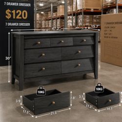 7 Drawer Dresser for Bedroom, 47" Farmhouse Wood Chest of Drawers with Accent Beveled Panels
