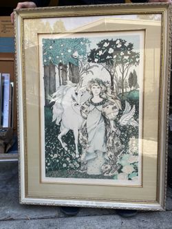 Original Framed Fantasy Unicorn  and Woman Print By Jennie Tomao 