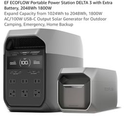 EF ECOFLOW Portable Power Station DELTA 3 with Extra Battery, 2048Wh 1800W Expand Capacity from 1024Wh to 2048Wh, 1800W AC/100W USB-C Output Solar Gen