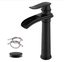 Waterfall Single Hole Tall Spout Bathroom Vessel Sink Faucet With Pop-up Drain Assembly in Matte Black