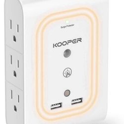6 Outlet Surge Protector with 2 USB, KOOPER Outlet Extender with Smart Night Light Multi Outlet Plug, 1080 Joules, Wall-Mounted Plug Extender for Home