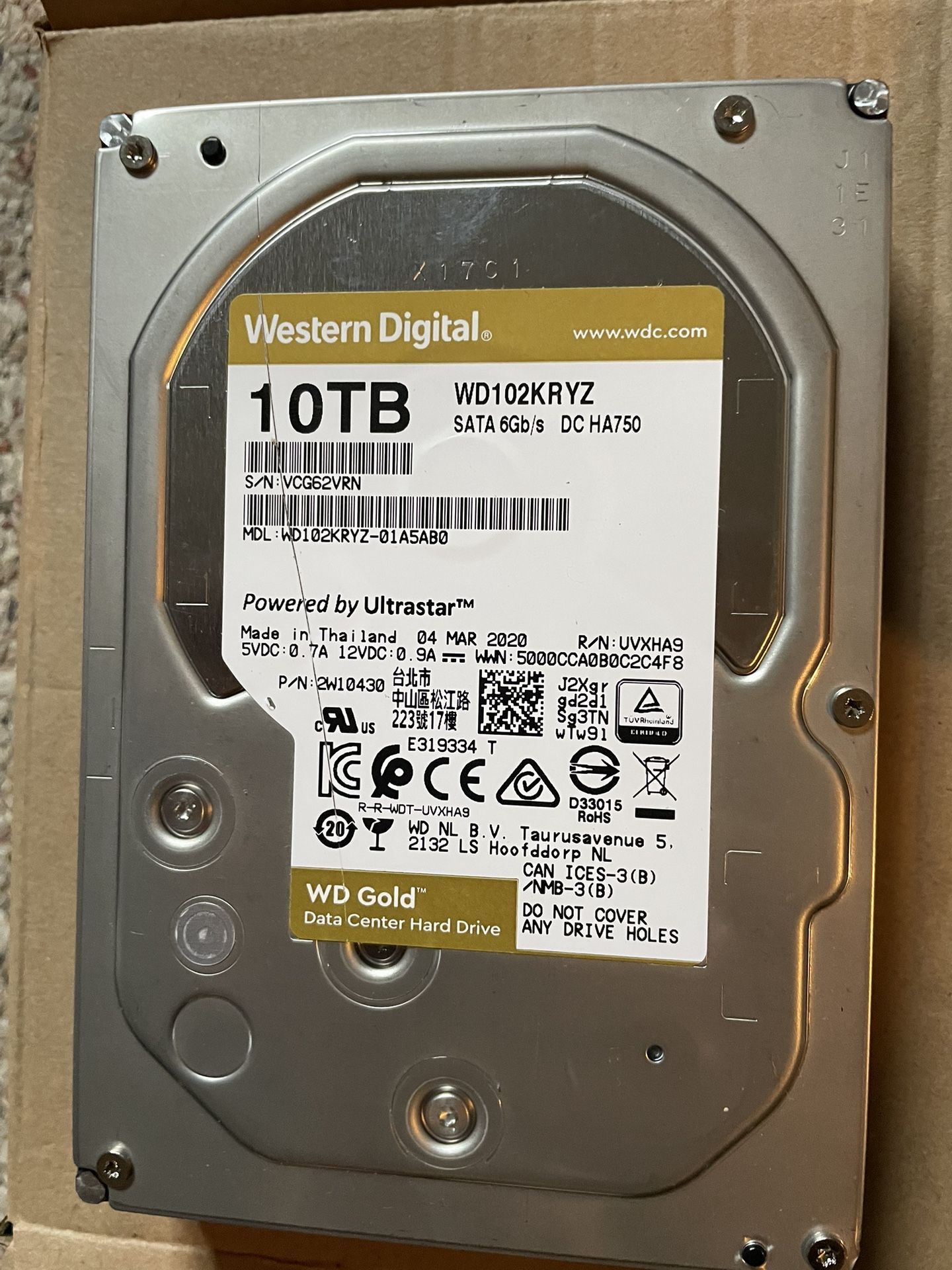 Western Digital Gold 10TB SATA 6Gbps 7.2K 256MB 3.5in ENT HDD WD101KRYZ