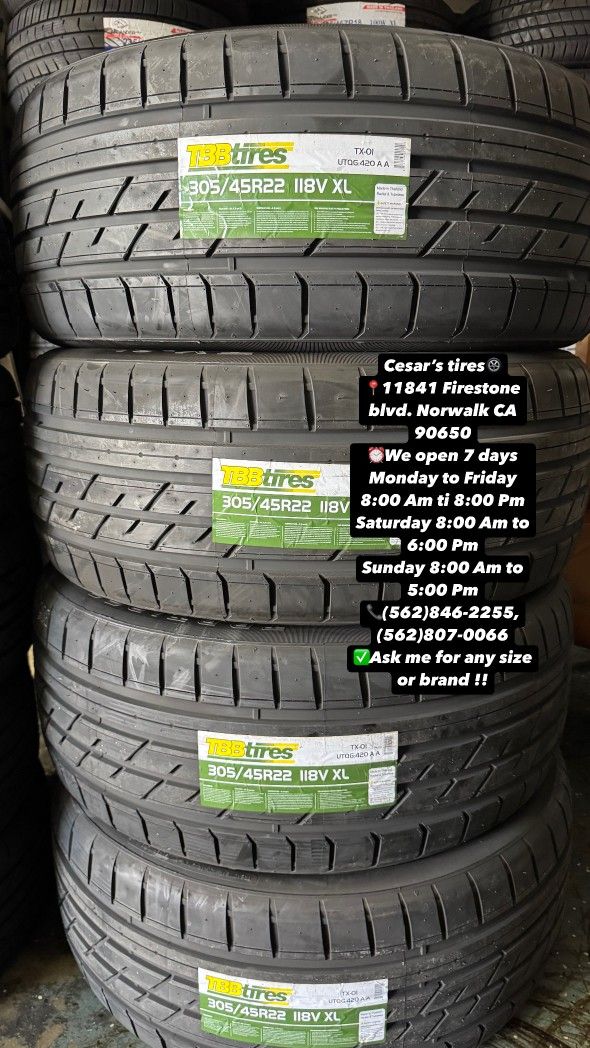 305/45R22 TBB A SET OF FOUR NEW TIRES, INCLUDES MOUNTING AND BALANCING WITH WARRANTY, ASK ME FOR ANY SIZE OR BRAND, WE HAVE THE BEST PRICES!!