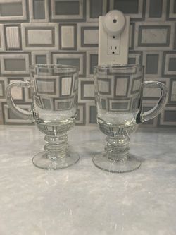 Hand Blown Clear Glass Irish Coffee Mugs Set of 2 - Pedestal Footed Hot Toddy Glasses