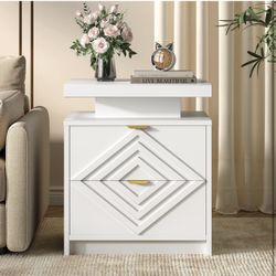 White Nightstand with Charging Station and LED Lights