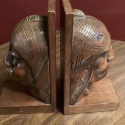 Antique Hand Carved Wood Native American Heads, Bookends 