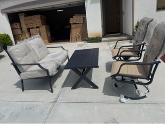 4-Piece Outdoor Metal Swivel Chair, Loveseat, and Table Leisure Set (with Beige Cushions)