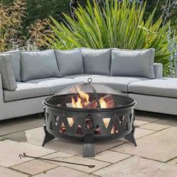 Outdoor Wood Burning Fire Pit Round Deep Bowl Fire Pit with Spark Screen Cover and Poker for Backyard Garden