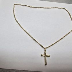 14k Gold Rope Chain With Cross Pendant.