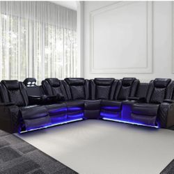 3-Pieces 210" Breathing Leather Power Reclining Theater Sectional with Wireless Chargers and LED Lighting