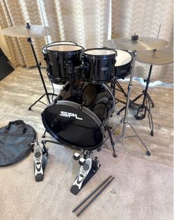 SPL complete 5 piece drum set 22” bass fusion size toms new double pedal new quiet cymbals stands throne silentstroke mesh heads $425 cash in Upland 9