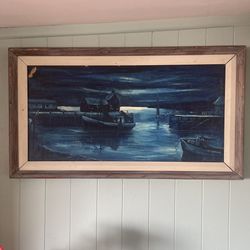 Moody Blues Harbor Night Scene Oil Painting Original Charles Stepule 