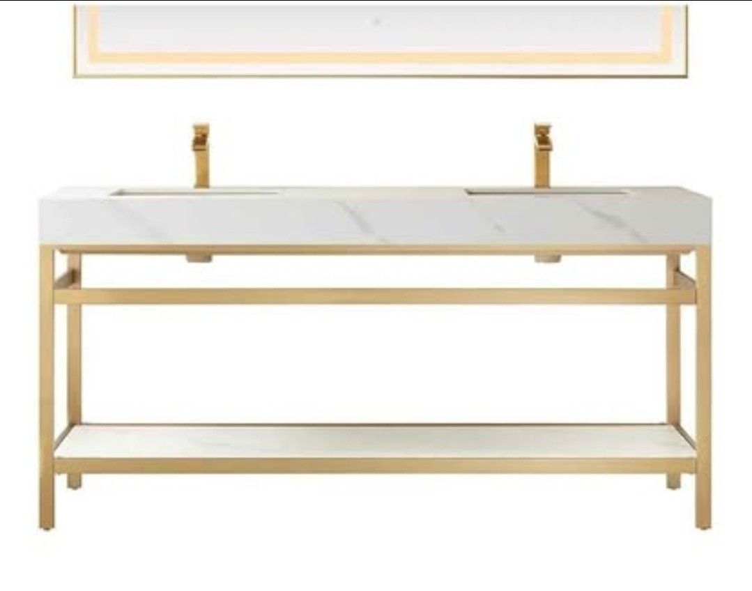 Vinnova 72-in. Brushed Gold Double Sink Vanity with Engineered Stone Top New!