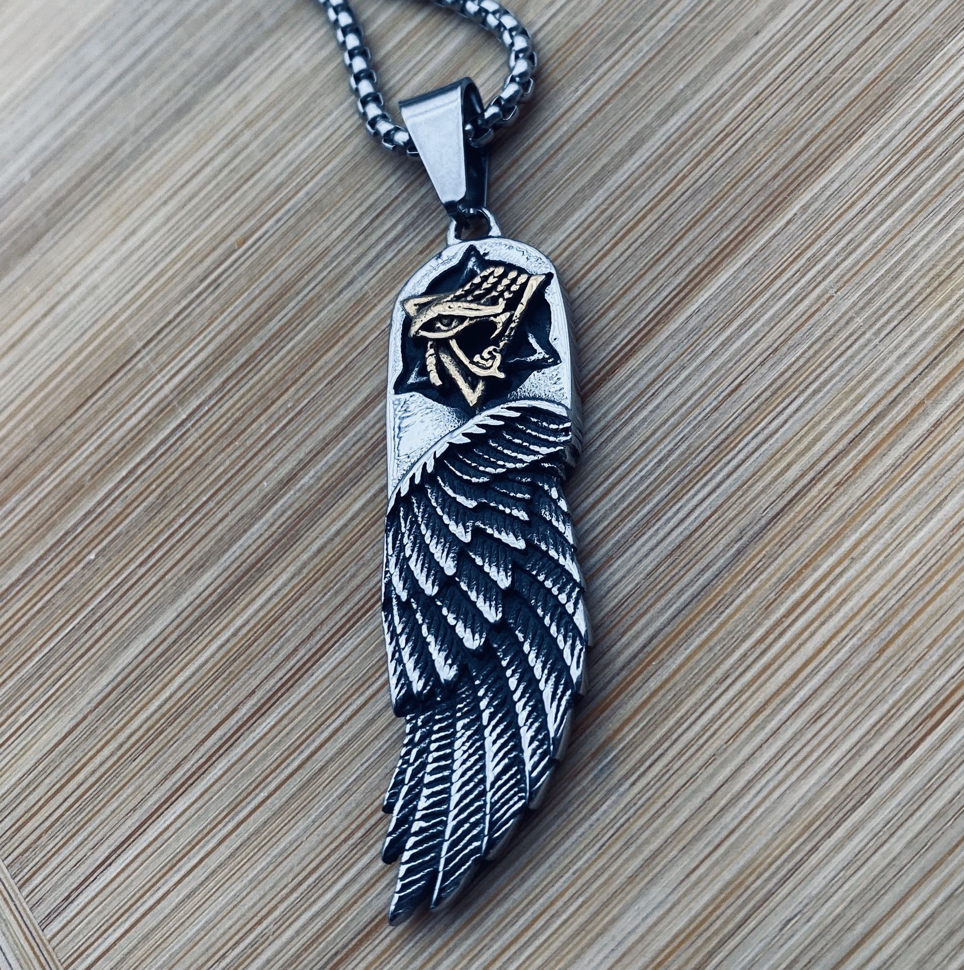 Men’s Stainless Steel Biker Angel Wing Eye of Horus Pendant Necklace For Men Egyptian