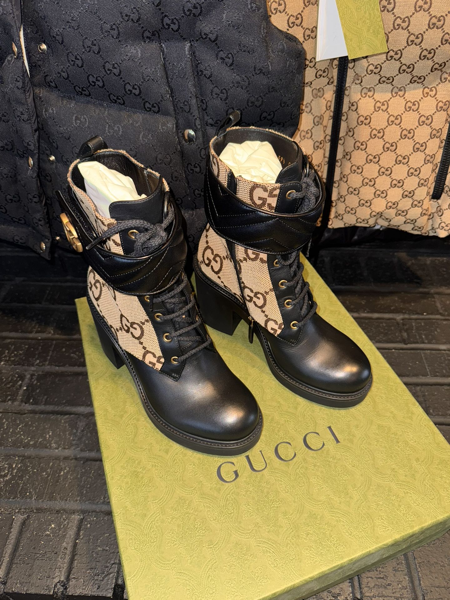 GUCCI FLORES CALFSKIN MONOGRAM MAXI GG ANKLE BOOTS