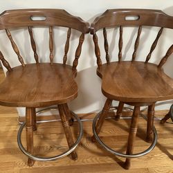 Pair of Counter-Height Wood Stools - Windsor Style Curved Back