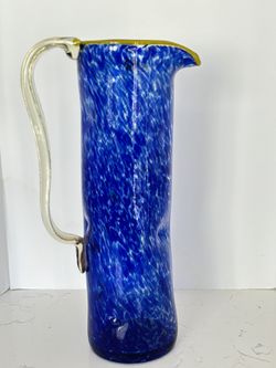 Nouveau Handcrafted Blue Art Glass Pitcher 