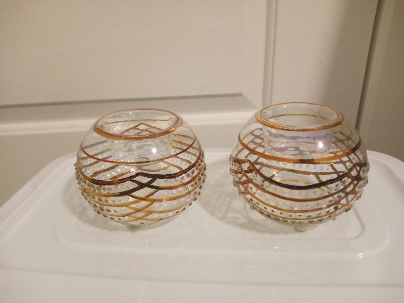Set Blown Glass Candle Holders Gold Tone Spiraled  Glass With  LED Tea Candle's Included 