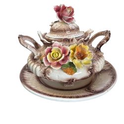 Vintage Antique Large Capodimonte Italy Soup Tureen Brown Colorful Flowers
