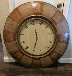 ANTIQUE CLOCK 39 INCH DIAMETER 1940's BRASS INLAY WITH BEAUTIFUL HAND CARVING
