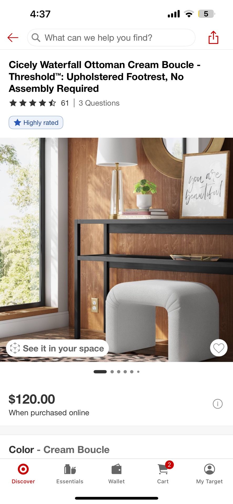 Cicely Waterfall Ottoman Cream Boucle - Threshold™: Upholstered Footrest,