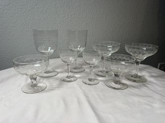 Antique Etched Crystal Wine & Champagne Glass Set 1920s Art Deco Scroll