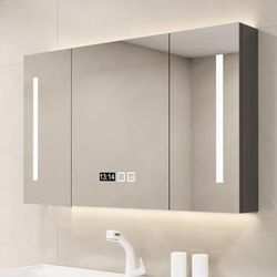 48"x26" Smart Medicine Cabinet w/ LED Light Mirror, Time Temp Display w/ Storage Black Solid Wood 