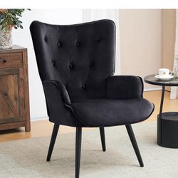 Furniliving Velvet Accent Chair Modern Upholstered Side Armchair with Tapered Legs Tufted Button Wingback Sofa Chairs Tall Back Reading for Living Roo