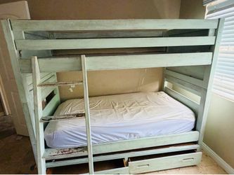 Solid wood hand painted bunk beds with mattresses, great condition!