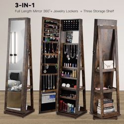 Jewelry Armoire 65" H, Full Length Mirror with Storage 360° Swivel, Lockable Standing Jewelry Cabinet Organizer