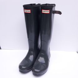 Hunter Original Tall Back Adjustable Gloss Rain Boots in Gray Women's Sz 7