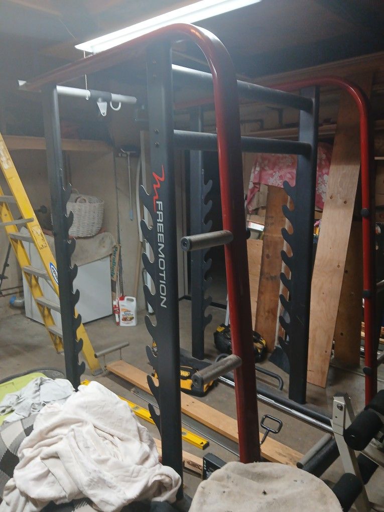 Weight Lifting Squat Rack With Olympic Weights And Curl Bar
