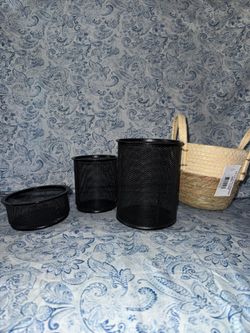 3 Cylinder Black metal mesh desk organizer set & small basket