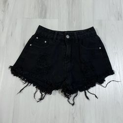 Black Petite High Waist Raw Hem Denim Jean Shorts