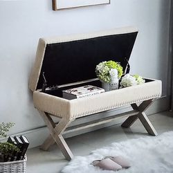Beige Upholstered Storage Bench 