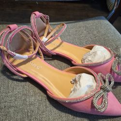 Bubblegum Pink Rhinestone Ankle Strap Flats