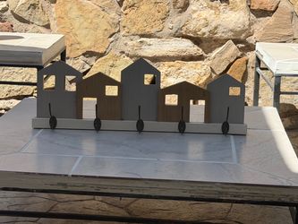 Wooden House Row Wall Key Holder with Hooks