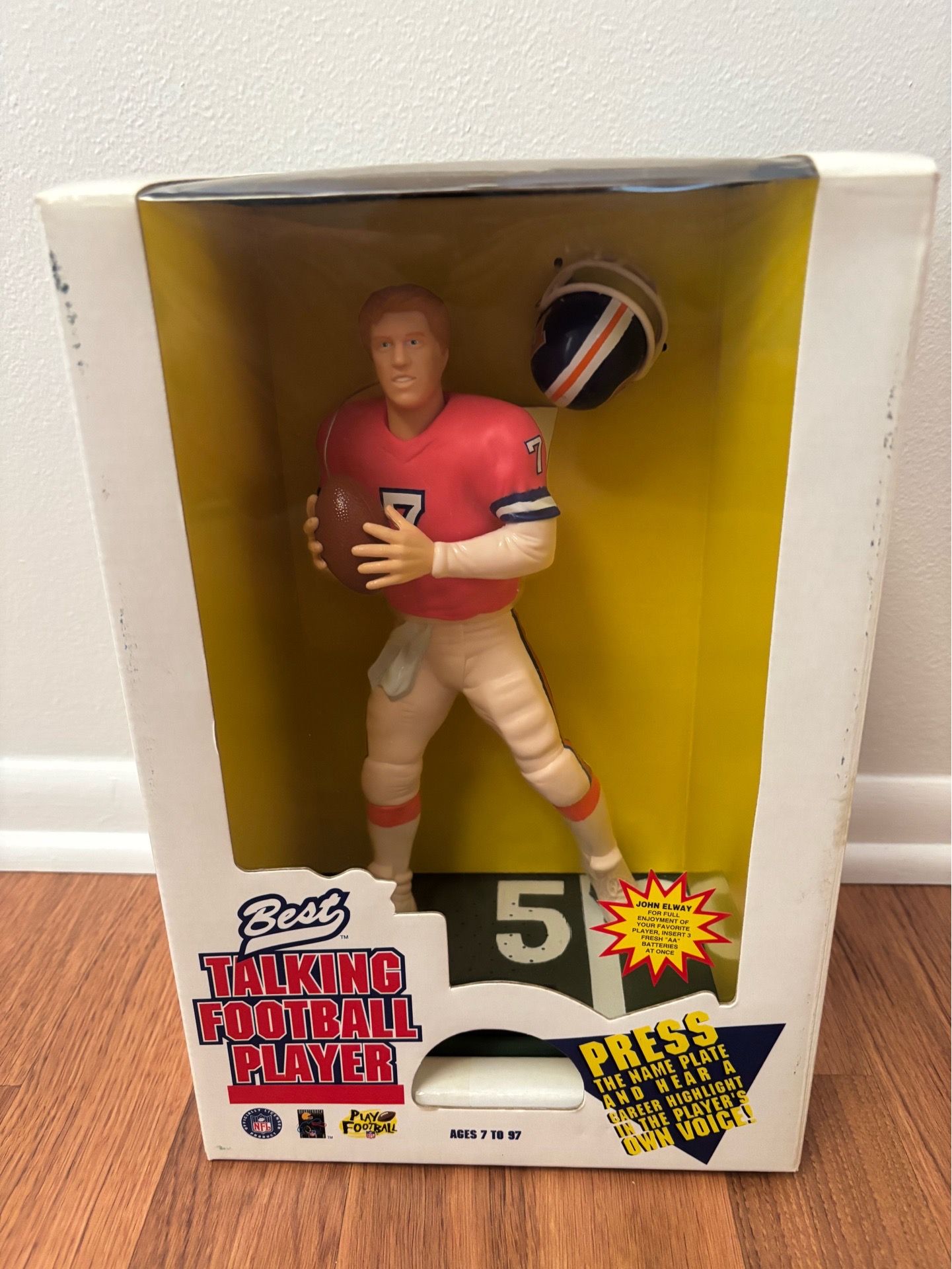 Vintage John Elway Talking Football Player action figure, John Elway. Still in original box, never opened.