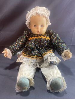 Vintage Baby Doll Lace Bonnet & Floral Dress Soft Body Collectible 1968