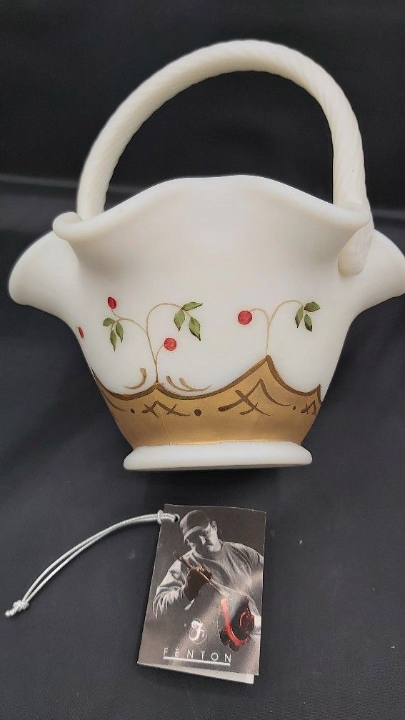 Vintage Fenton Handpainted & Signed Custard Glass Christmas Basket With Fenton Box