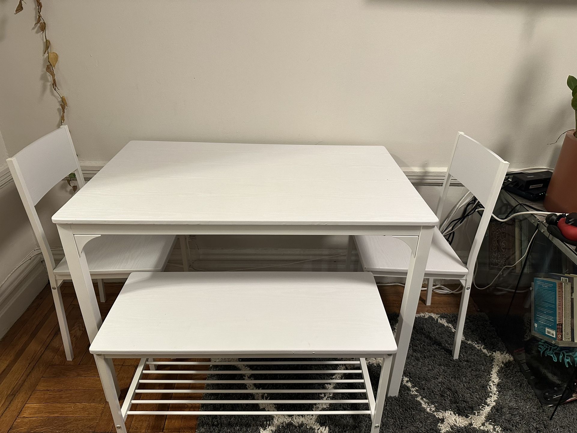 White Dining Set (table, 2 chairs, bench)