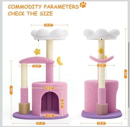 Athena Collection Small Cat Tree Condo with Sisal Scratching Post, 33 Inch Modern Cute Flower Cat Tree Tower with Cozy Perch Toy Ball for Indoor, Kitt