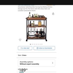 NEW CLOSED BOX/ CharaVector Solid Wood Bar Serving Cart,Rolling Kitchen Storage Cart for The Home with Wine Glass Rack and Lockable Caster,Rustic Brow