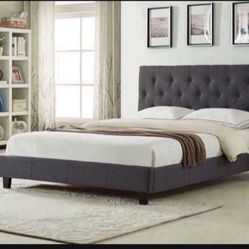 Brand New In Box Full Size Dark Grey Linen Upholstered Bed With Mattress. Assembly Required, We Can Deliver, Cama Con Colchon.