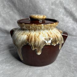 Vintage Brown Drip Glaze Pottery Crock Bean Pot with Handles and Lid - READ