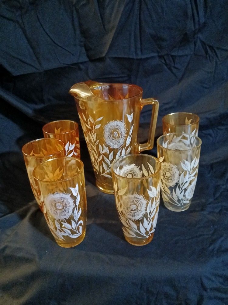 Amber Antique Picture And Six Glasses