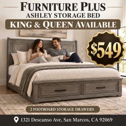 🛏️ Ashley Storage Bed — Starting at $549! Available in Queen and King sizes. The gray finish and two footboard drawers bring style and storage to yo