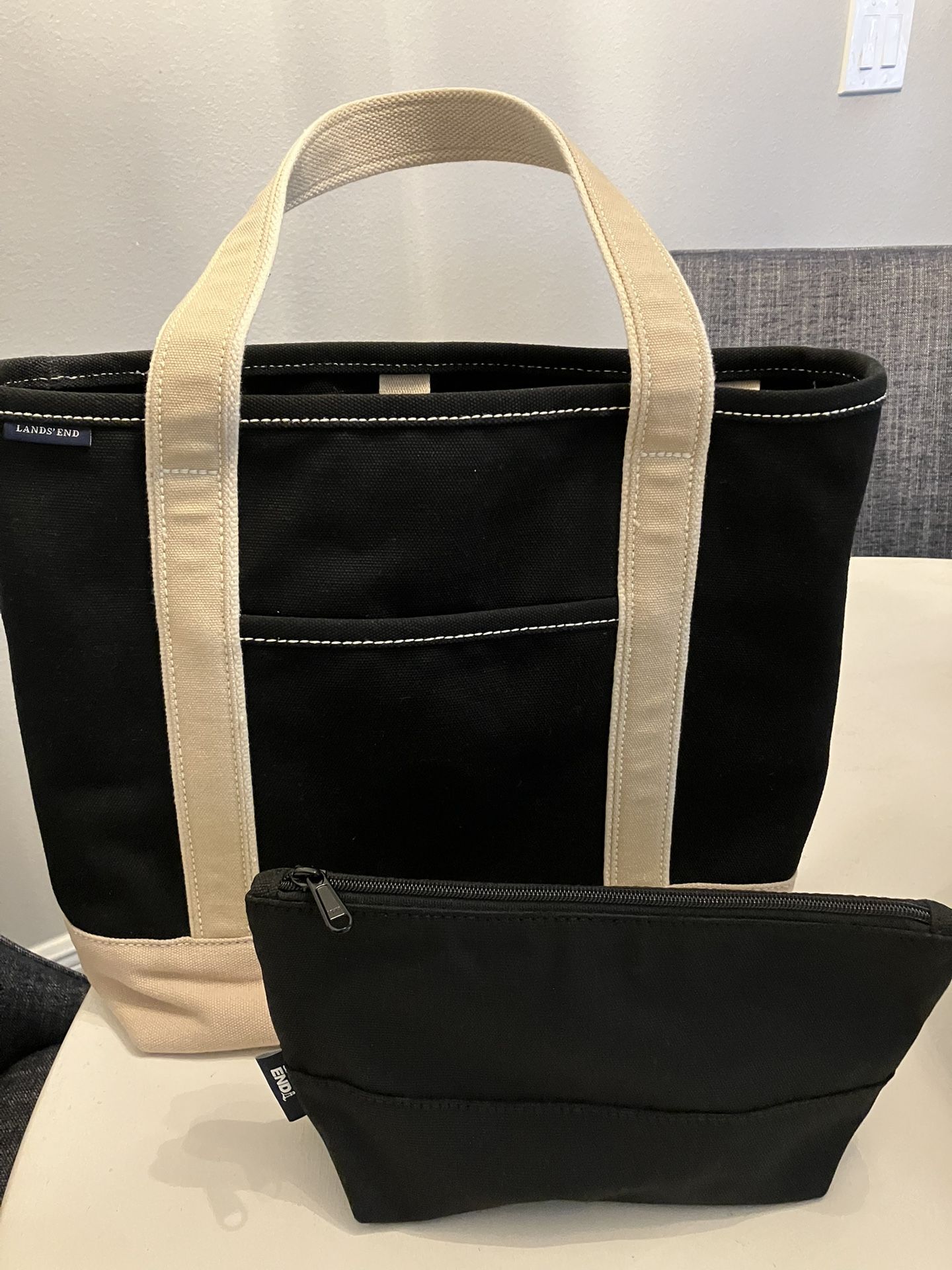 Lands’ End Classic Canvas Tote and Large Zip Pouch Set Black & Beige New & Unused Heavy Duty
