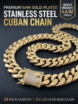 NEW 24" Gold Plated Stainless Steel Cuban Link Chain Necklace - Iced Lock Box Clasp
